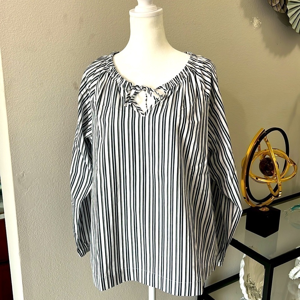 Nine West Stonewash Stripe Woven Tie Neck Top Size M